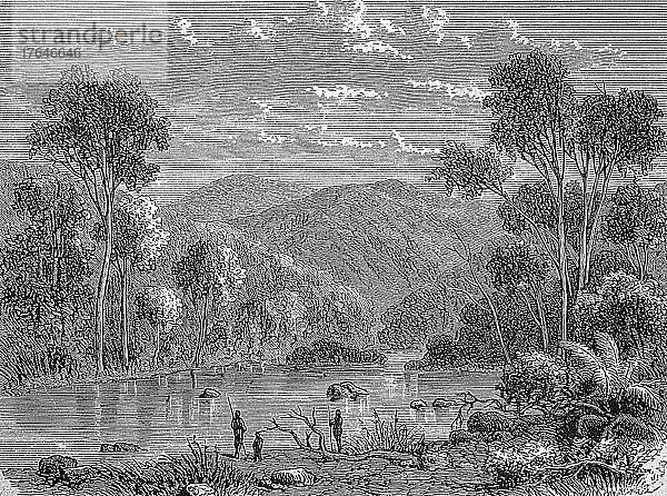 Landschaft im oberen Mitta-Mitta in der britischen Kolonie Victoria  heute ein Bundesstaat im Südosten von Australien  digital restaurierte Reproduktion einer Originalvorlage aus dem 19. Jahrhundert