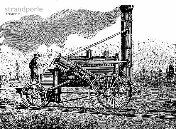 Locomotive The Rocket by George and Robert Stephenson from 1829  England  digital restaurierte Reproduktion einer Originalvorlage aus dem 19. Jahrhundert