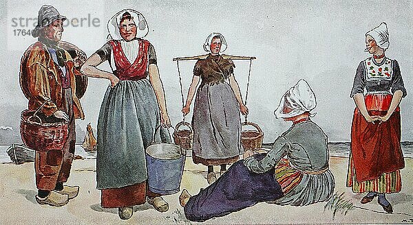 Mode  Trachten  Kleidung in den Niederlanden um das 19. Jahrhundert  verschiedene Typen von traditionellen Fischern aus Volendam  digital verbesserte Reproduktion einer Illustration aus dem 19. Jahrhundert