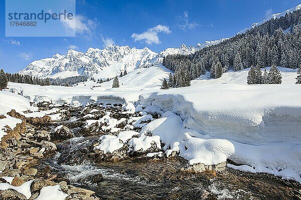 Aussicht von Lutertannen mit Bachlauf Luteren im Vordergrund und dem tief veschneite Alpsteinmassiv mit Säntis im Hintergrund  Appenzell  Schweiz  Europa