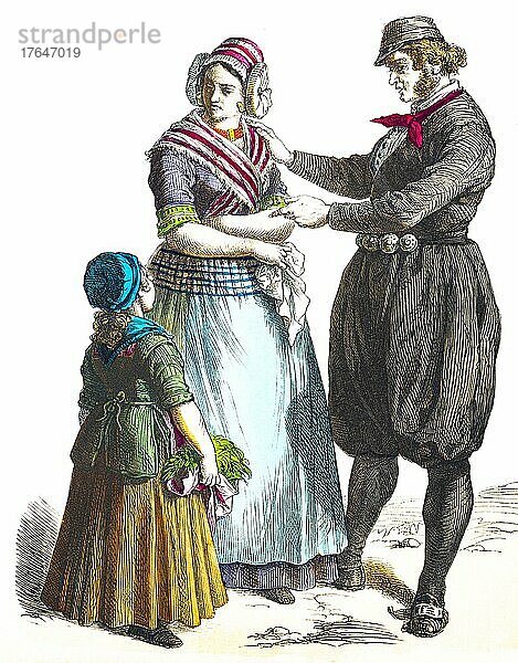 Münchener Bilderbogen  Kostüme  Holland  19. Jahrhundert  Tracht  Mann  Frau  Kind  drei Personen  Porträt  historische Illustration 1890
