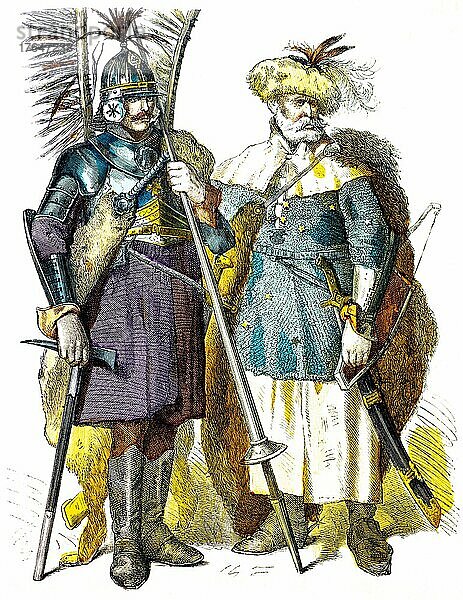 Münchener Bilderbogen  polnische Kostüme  16. Jahrhundert  Lanzenreiter (li)  Panzerreiter (re)  Waffen  Pelzmütze  Helm  Lanze  Schwert  Polen  Porträt  zwei Personen  farbige historische Illustration 1890  Europa