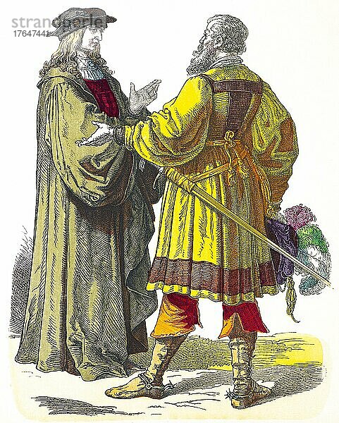 Münchener Bilderbogen  Kostüme  Frühes 16. Jahrhundert  zwei alte Männer  elegant  Robe  zwei Personen  Schwert  Porträt  farbige historische Illustration 1890