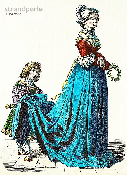Münchener Bilderbogen  Kostüme  Frühes 16. Jahrhundert  Französische Edelfrau und Page  Diener  elegant  Robe  zwei Personen  Porträt  farbige historische Illustration 1890