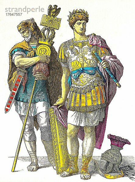 Münchener Bilderbogen  Kostüme  Römer  Germanischer Insignienträger (li)  Römischer Feldherr (re)  Insignie  Schwert  Helm  Rüstung  Lorbeerkranz  Krieger  Porträt  zwei Personen  farbige historische Illustration 1890