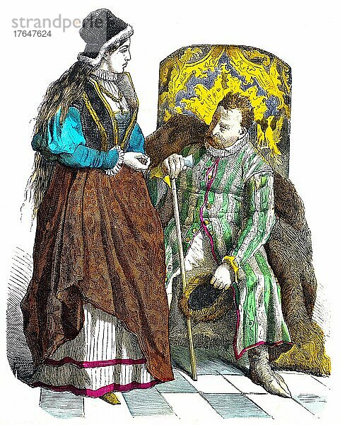 Münchener Bilderbogen  polnische Kostüme  16. Jahrhundert  polnische Dame und Edelmann  Nationaltracht  Polen  Robe  Sessel  zwei Personen  Porträt  farbige historische Illustration 1890  Europa