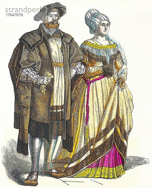 Münchener Bilderbogen  Kostüme  Frühes 16. Jahrhundert  Deutsche Patrizier  Mann  Frau  Schwert  elegant  Robe  Schmuck  zwei Personen  Porträt  farbige historische Illustration 1890