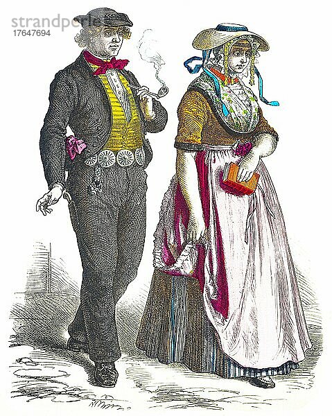 Münchener Bilderbogen  Kostüme  Holland  19. Jahrhundert  Tracht  zwei Personen  junger Mann  Pfeife  rauchen  Frau  Buch  Porträt  historische Illustration 1890