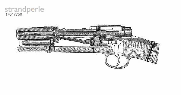 Handfeuerwaffen 1895: deutsches Infanteriegewehr 71. 84  gespanntes Schloss  digital restaurierte Reproduktion einer Originalvorlage aus dem 19. Jahrhundert  Originaldatum nicht bekannt