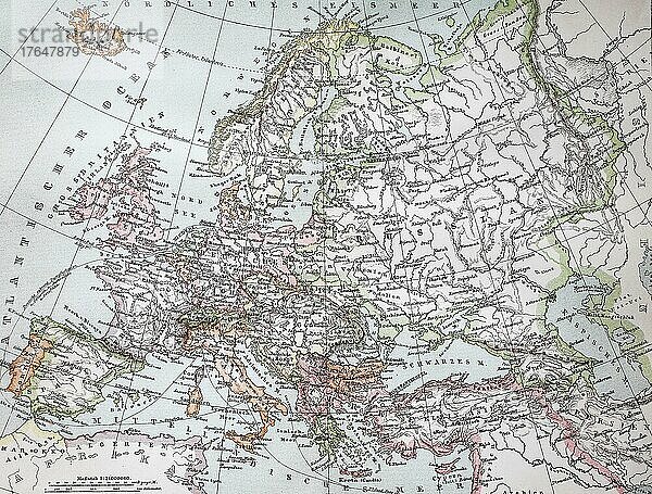 Politische Übersichtskarte von Europa  1895  digital restaurierte Reproduktion einer Originalvorlage aus dem 19. Jahrhundert
