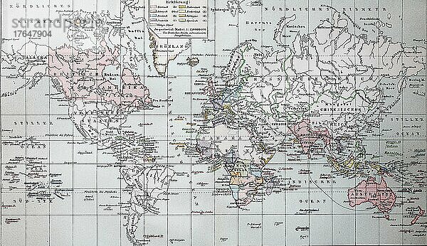 Landkarte der Kolonien der europäischen Staaten  1895  digital restaurierte Reproduktion einer Originalvorlage aus dem 19. Jahrhundert
