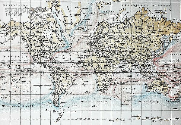 Landkarte der Meeresströmungen nach dem Stand 1895  digital restaurierte Reproduktion einer Originalvorlage aus dem 19. Jahrhundert