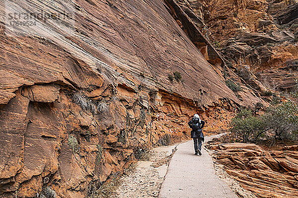 Vereinigte Staaten  Utah  Zion-Nationalpark  Rückansicht einer älteren Frau beim Wandern auf dem Angels Landing Trail im Zion-Nationalpark in Utah