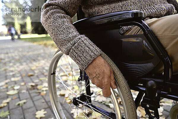 Behinderter älterer Mann sitzt im Rollstuhl im Park