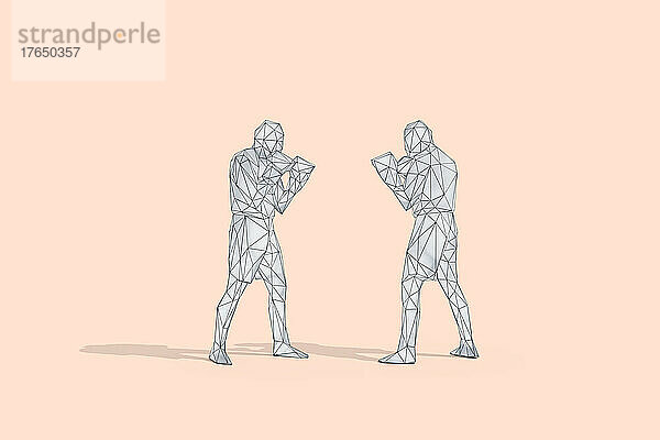 Low poly wireframe of two boxers fighting at studio