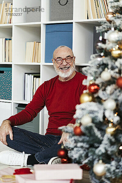 Glücklicher älterer Mann  der vor dem Bücherregal sitzt und auf den Weihnachtsbaum blickt