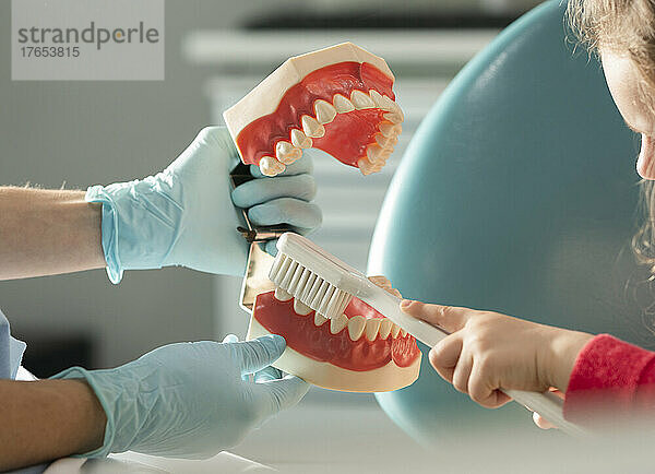 Zahnarzt lehrt Mädchen Mundhygiene in einer medizinischen Klinik