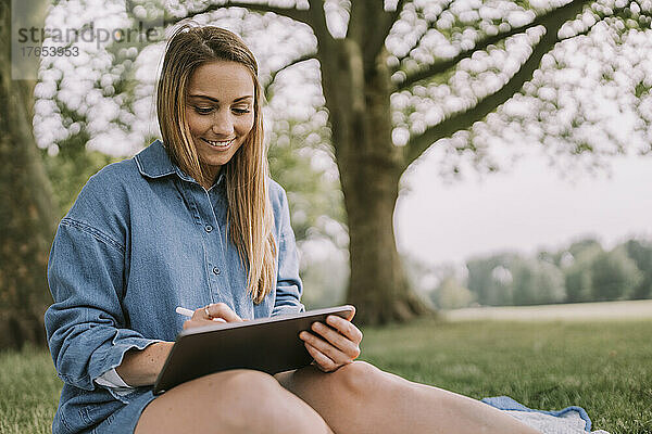 Lächelnde Frau  die im Park einen Tablet-Computer benutzt