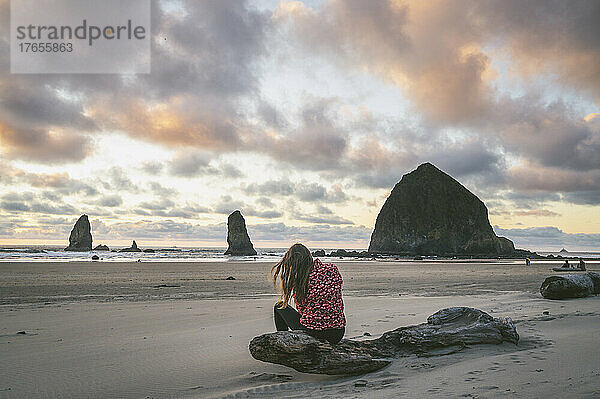 Weibchen sitzen am Strand bei Sonnenuntergang an der Küste von Oregon