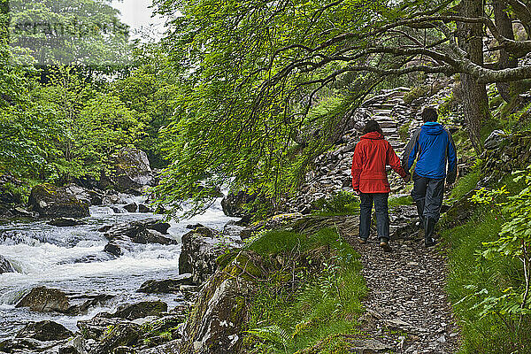 Paar geht Hand in Hand an einem Bach im Snowdonia-Nationalpark entlang