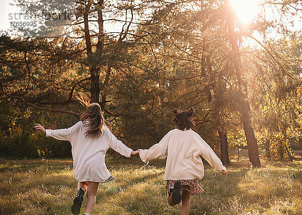 Rückansicht von zwei Mädchen im Teenageralter  die sich beim Laufen im Wald an den Händen halten
