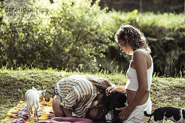 Zwei Menschen teilen einen zärtlichen Moment beim Picknick mit Hunden