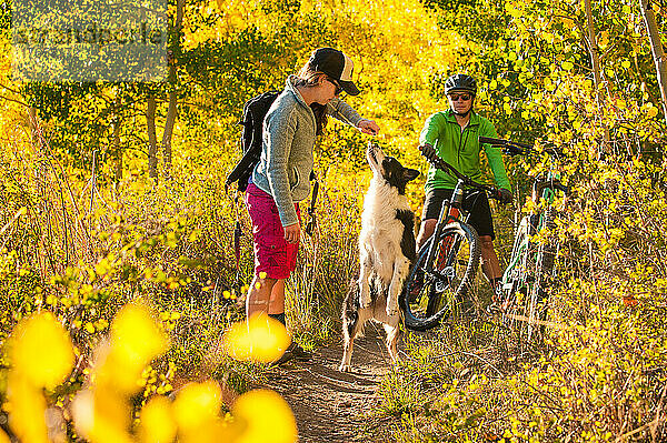 Ein Paar genießt im Herbst eine Mountainbiketour mit seinem Hund