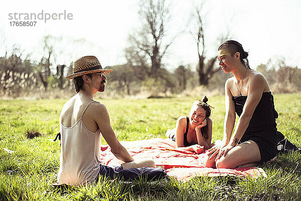 Nicht-binäre Freunde entspannen sich beim Picknick an einem Frühlingsnachmittag im Freien auf Deutsch