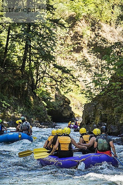 A raft rides into a canyon of whitewater.
