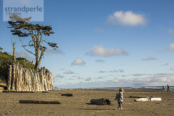 Ein kleines Kind geht mit Treibholz an einem breiten  leeren Strand spazieren