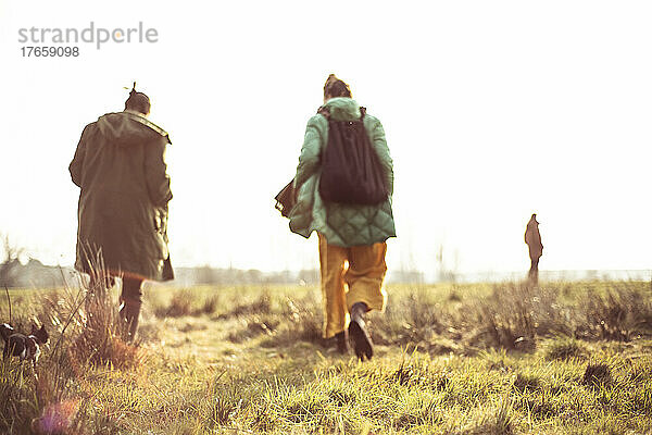 Drei Freunde spazieren im verträumten Wintersonnenuntergang mit weichem goldenem Gras