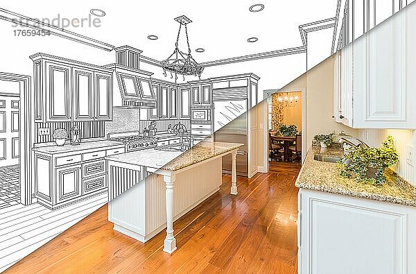 Diagonaler Split-Screen von Zeichnung und Foto der schönen neuen Küche