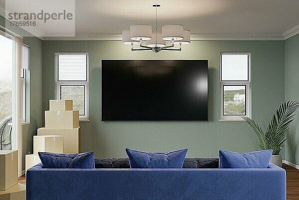 Mehrere Umzugskartons  eine Sofaplatte und ein leerer  an der Wand montierter Fernseher im Zimmer