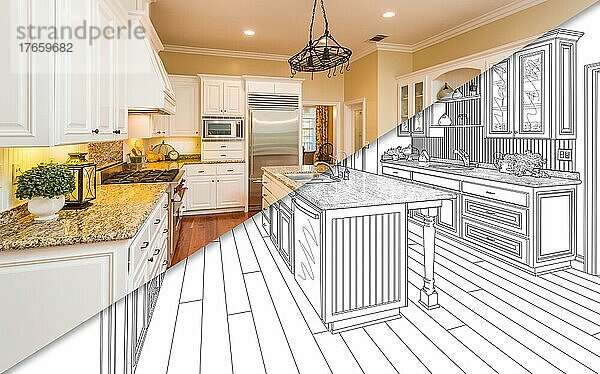 Diagonaler Split-Screen von Zeichnung und Foto der schönen neuen Küche