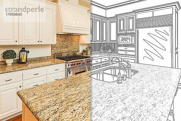 Split-Screen von Zeichnung und Foto der schönen neuen Küche