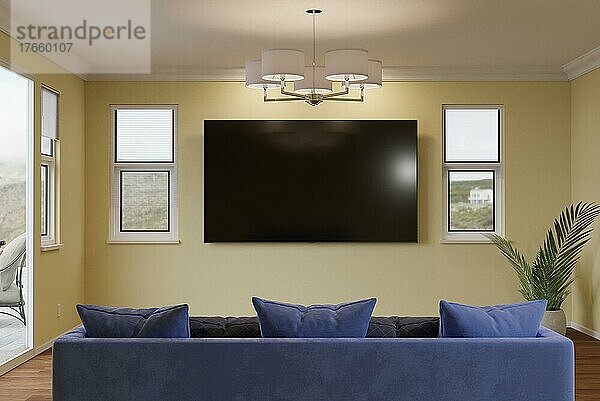 Sofa  Pflanze und leerer wandmontierter Fernseher in einem hellgelb gestrichenen Zimmer