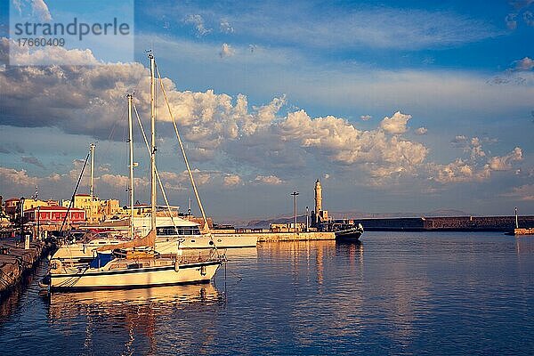 Yachts boats in picturesque old port of Chania is one of landmarks and tourist destinations of Crete island in the morning. Chania  Crete  Greece