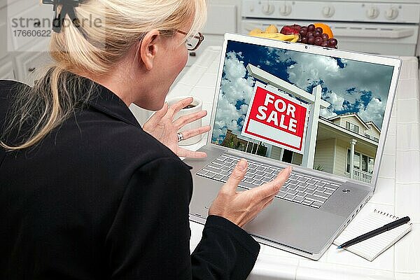 Aufgeregte Frau in der Küche mit Laptop  um ein Haus zu kaufen. Bildschirm kann leicht für Ihre eigene Nachricht oder Bild verwendet werden