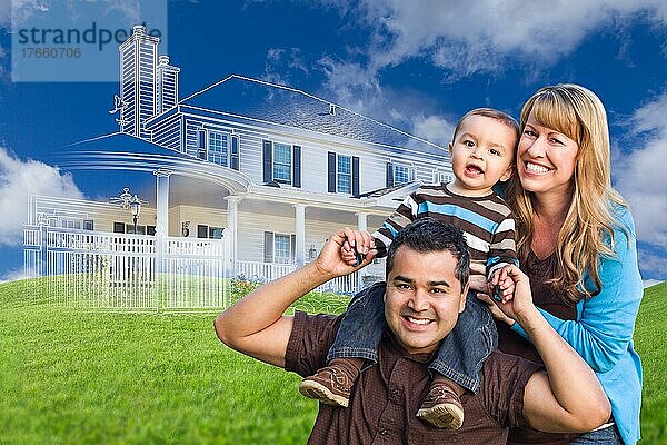 mixed-race family with ghosted house drawing  partial photo and rolling green hills behind