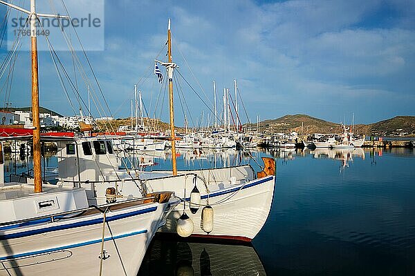 Fishing boats in port of Naousa on sunrise. Paros lsland  Greece