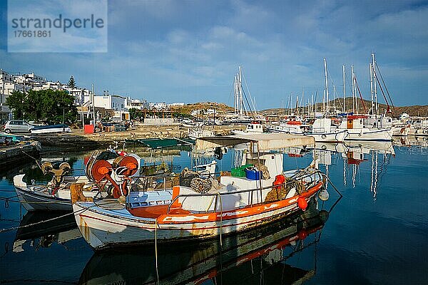 Fishing boats in port of Naousa on sunrise. Paros lsland  Greece