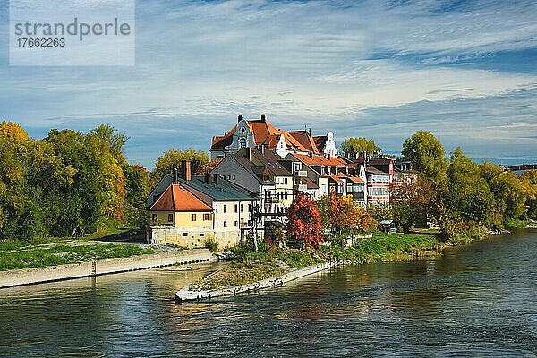 Old houses along Danube River in Regensburg  Bavaria  Germany