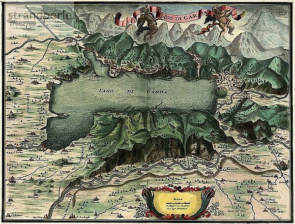 Lago di Garda  Gardasee  Illustration aus Nürnbergische Hesperides  Nürnberger Hesperidengärten von Johann Christoph Volkamer  Nürnberg  Bayern  Deutschland  1710  digital restaurierte Reproduktion einer Originalvorlage aus dem 18. Jahrhundert  genaues Originaldatum nicht bekannt  Europa