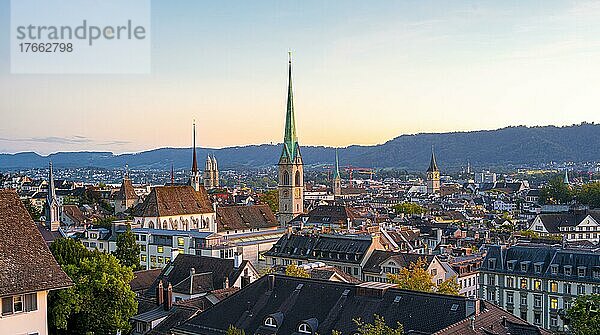 Blick auf die Stadt  Predigerkirche  Kirchtürme von Zürich  Abendstimmung  Altstadt von Zürich  Schweiz  Europa