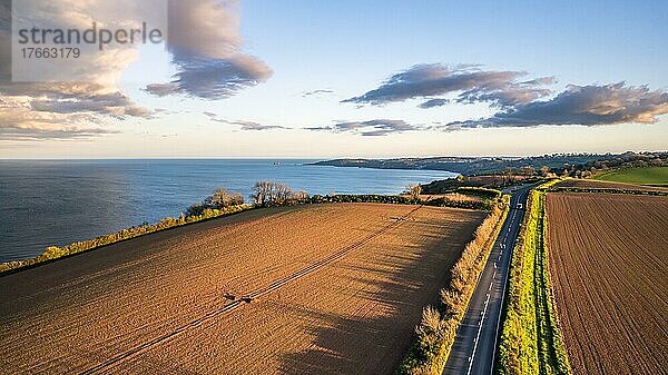 Devon Fields and Farmlands at sunset time from a drone over Labrador Bay  Devon  England  United Kingdom