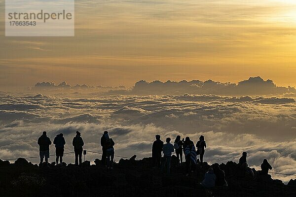 Touristen beobachten den Sonnenuntergang auf dem Gipfel des Haleakala Vulkan  Haleakala Nationalpark  Maui  Hawaii  USA  Nordamerika