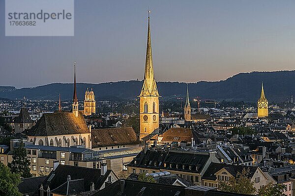 Blick auf die Stadt  Predigerkirche  Kirchtürme von Zürich  Nachtaufnahme  Altstadt von Zürich  Schweiz  Europa