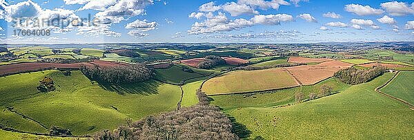 Panorama over Fields and Meadows over English Village  Berry Pomeroy  Devon  England  United Kingdom