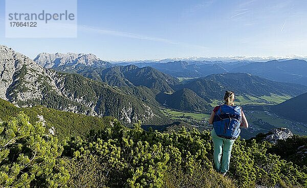 Wanderin steht vor Grüne Berglandschaft  Nuaracher Höhenweg  Loferer Steinberge  Tirol  Österreich  Europa