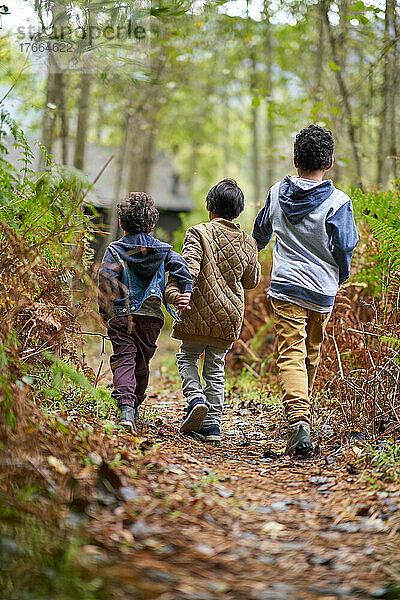 Jungen gehen auf einem Pfad im Wald